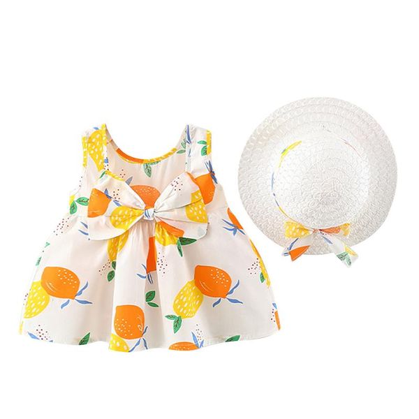 

clothing sets 2021 summer born baby girls clothes sleeveless strap dot print bow cute princess dresses hat outfit set, White