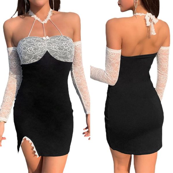 

casual dresses dark wind hanging neck women's split fashion off shoulder long sleeve dress lace splicing suspender skirt, Black;gray