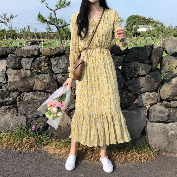 

casual dresses yamdi ruffle print floral v neck women elegant a-line party woman spring summer vintage dress 2021 long sleeve, Black;gray