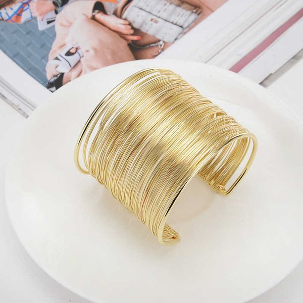

wide open cuff bracelets bangles for women punk retro gold silver color big bangle metal wires string handmade jewerly female q0719, Black