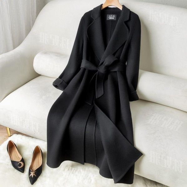 

women's wool & blends double sided tweed cashmere coat 2021 style slim middle and long foreign, Black