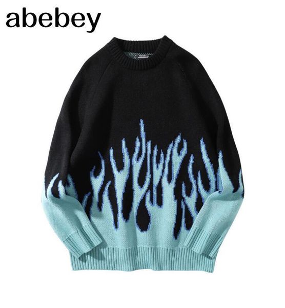 

korean loose knitted flame men and women hip hop streetwear o-neck pullover sweater 210218, White;black