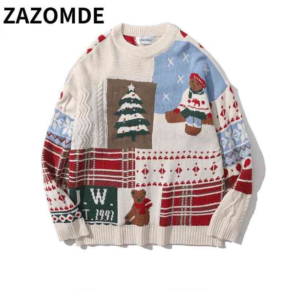 

zazomde 2021 winter warm christmas round neck knit couple pullover hip hop casual oversized patchwork sweater, Black