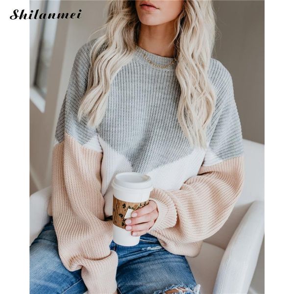 

women's sweaters winter knitted sweater long sleeve patchwork bat loose o neck oversize korean pullover fashion jumper, White;black
