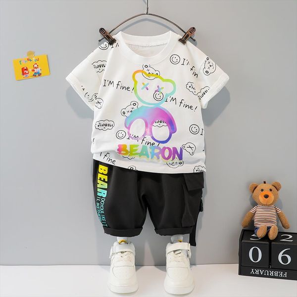 

summer clothing for boys sets 1 2 4 years baby girls cartoon bear t shirt shorts 2pcs infant children outfits, White