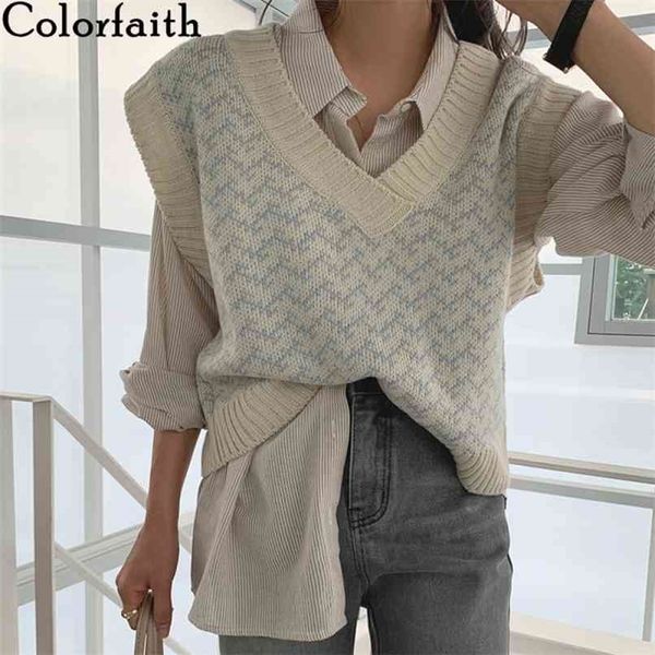 

colorfaith winter spring women sweaters pullover sleeveless vest waistcoat korean oversized checkered knitwear swv18191 210819, Black;white