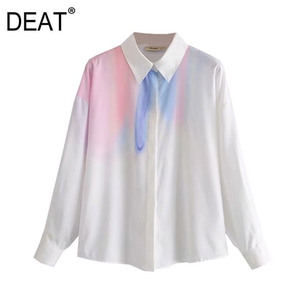 

[deat] white temperament women long sleeve single-breasted printing turn-down collar shirt spring fashion 13c213 210527