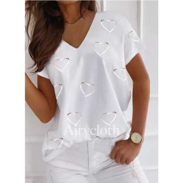 

2021 summer new love print v-neck short sleeve t-shirt, White