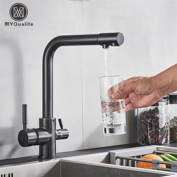 Luxo Chrome latão puro água torneira dupla alça dupla e água potável de água 3-way filtro cozinha misturador taps 211108