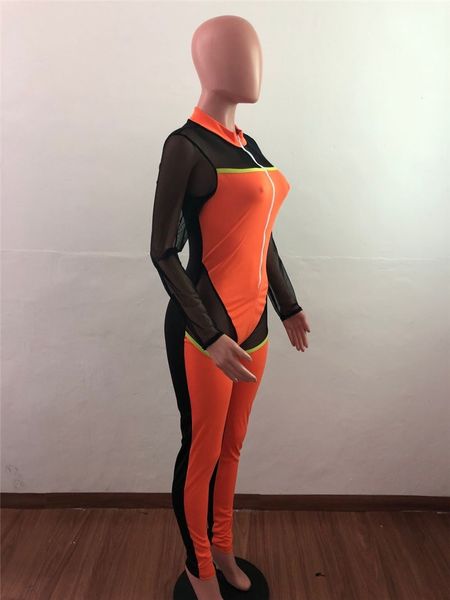 

night party jumpsuits club patchwork sheer mesh jumpsuit women casual v neck long sleeve bodycon rompers female overalls, White