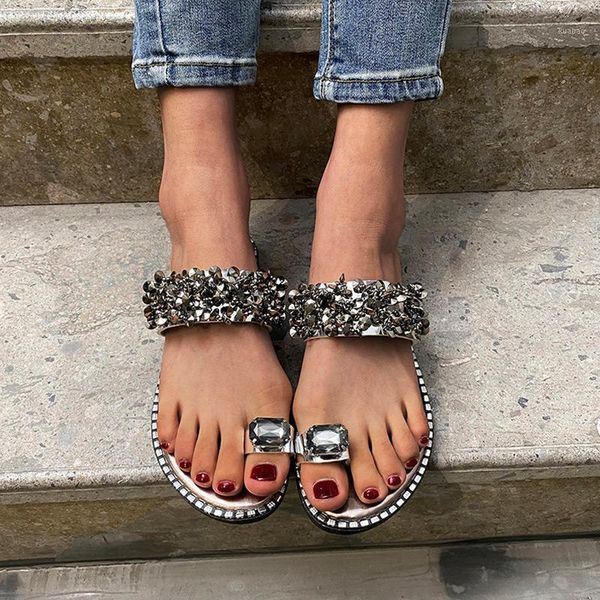 

women crystal slippers woman flip flops rhinestone women's fashion bling female flats ladies peep toe beach shoes plus size 431, Black