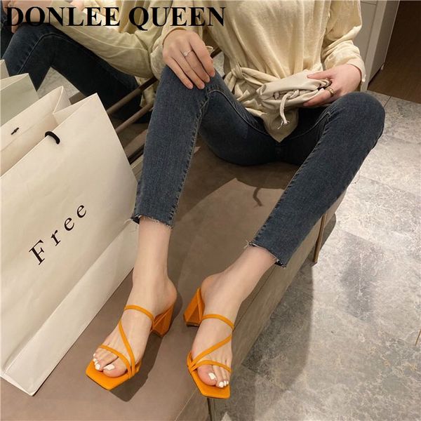 

2020 fashion square toe slippers women square high heel sandals women slip on slides narrow band summer shoes outdoor flip flops, Black