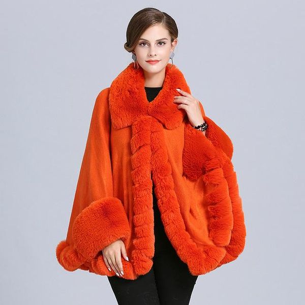 

women's fur & faux 2021 winter europe oversize loose imitation collar knit coat female bat sleeve cardigan shawl cloak jackets f206, Black