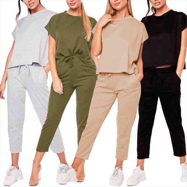 

sets 2pcs leisure elegance womenpant jogging suit loose short sleeve t shirt lace up pants sport tracksuit womens clothing, White