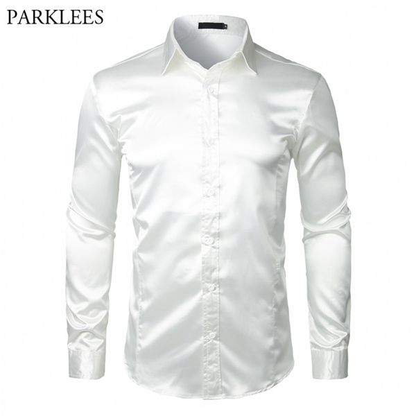 Stilvolles weißes Seidensatinhemd Männer Chemise Homme Casual Langarm Slim Fit Herrenhemden Business Hochzeit Männliches Hemd 210714