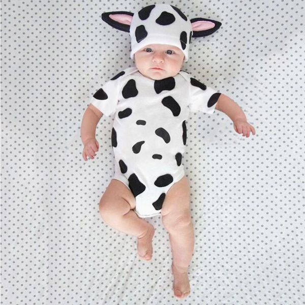 

clothing sets 0-24m born dairy cow print romper infant baby boys clothes cartoon short sleeve with hat jumpsuit outfits, White