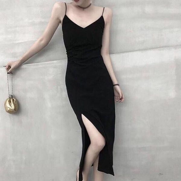 

women v collar dress retro side slit long vestido slim summer casual dresses, Black;gray