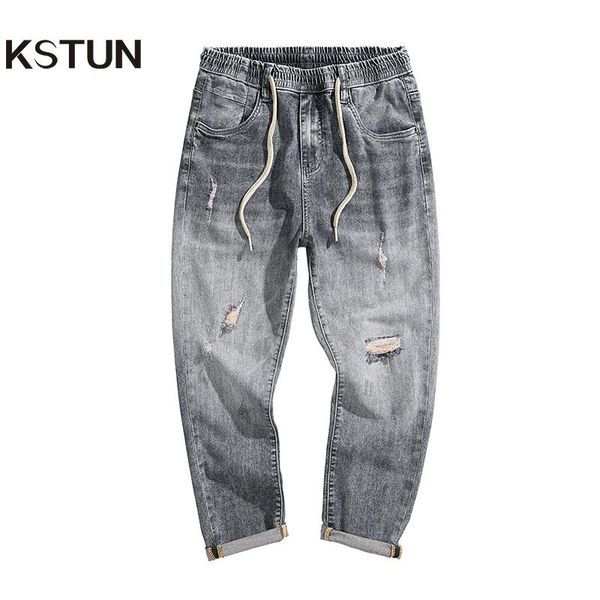 

men's jeans mens ripped copped trousers elastic waist, Blue