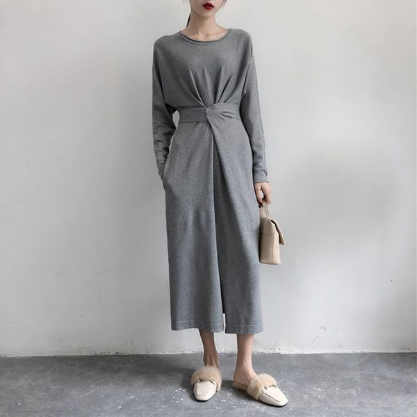 

women knitted bandage lace up split midi dress long sleeve a-line high waist female dresses autumn o-neck ladies vestidos 201102, Black;gray