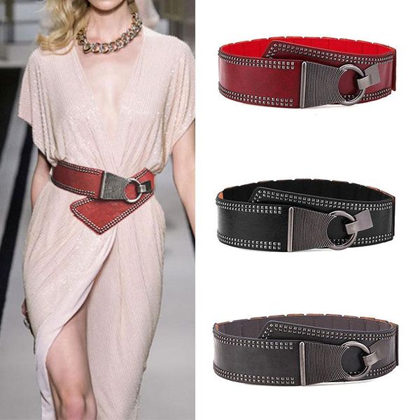 

elastic punk rivets stretchy corset belts for dress pu leather cummerbunds wide belt metal buckle waistband studded decoration, Black;brown