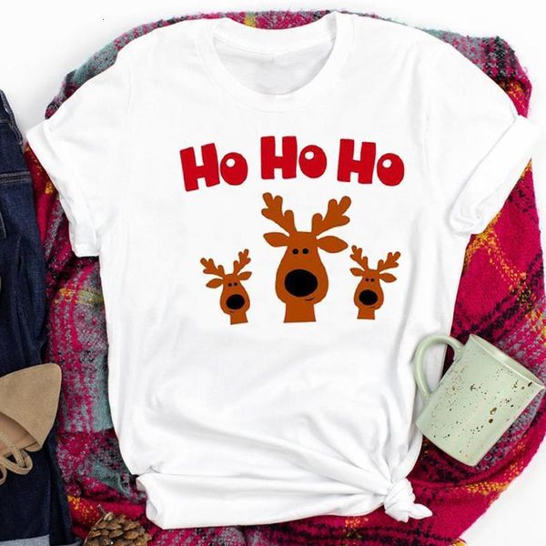 

women lady deer cute cartoon short sleeve holiday happy christmas print tshirt clothes graphic female t tee t-shirt, White