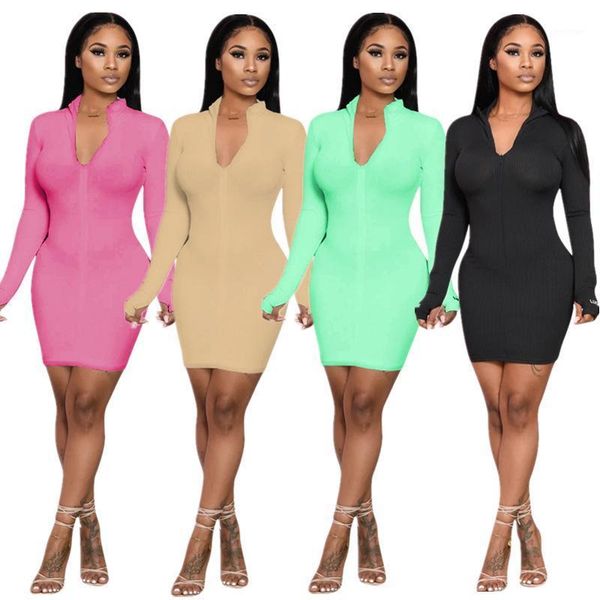 

casual dresses selling 2021 autumn latest women solid color full sleeve mini dress lady clubwear low cut zipper v-neck bodycon, Black;gray