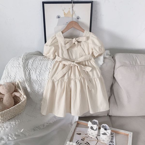 

summer girls dress temperament square neck lace welt cake princess dress solid color baby kids childrens clothing for girl, Red;yellow