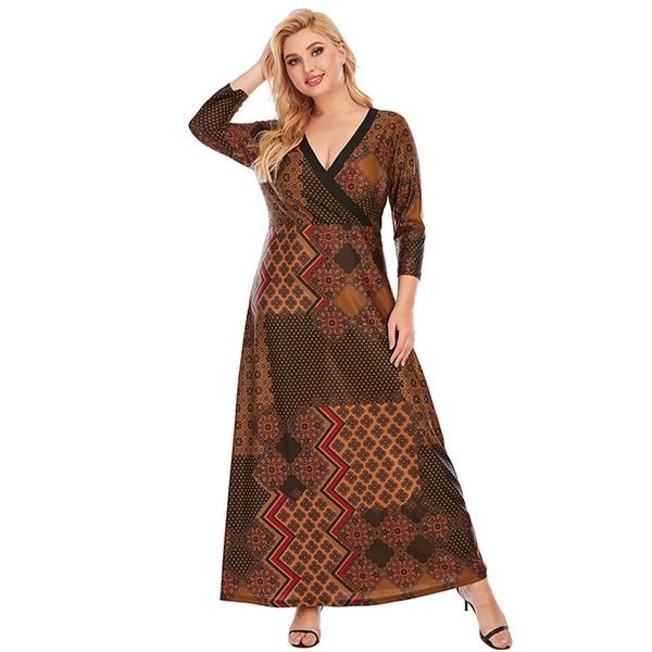 

casual dresses 2021 spring dress plus size women v neck long sleeve retro printing vintage high waist maxi muslim islamic clothing, Black;gray