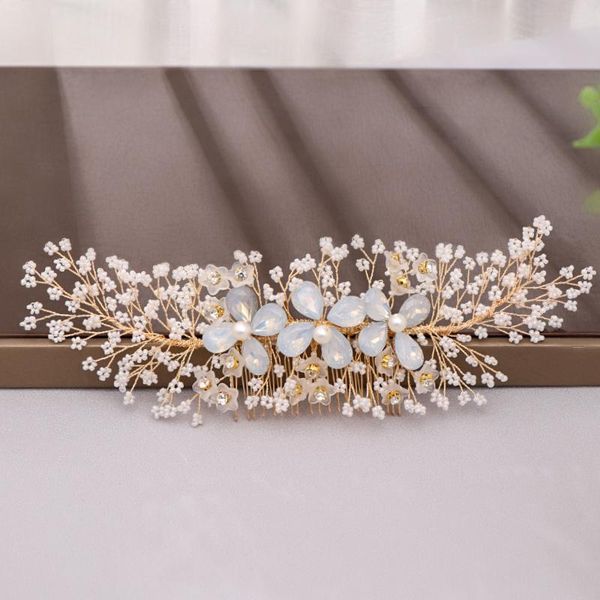 

resin flower pearl hair comb clip crystal bridal wedding jewelry gold color hair pins for women accessories bride headpiece, Golden;silver