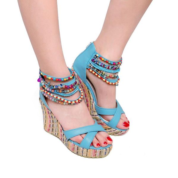 

dropshipping summer women colorful beads high heels sandals national style wedges platform bohemia shoes woman plus size 34-43, Black