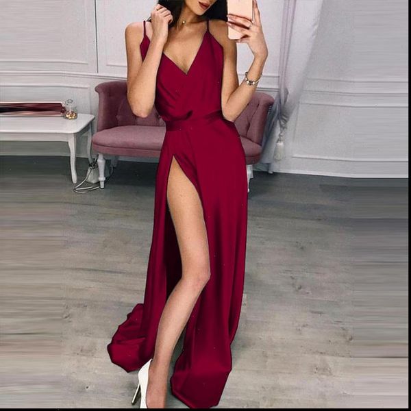 

women long silk dress ladies v neck solid high waist party dresses summer spaghetti strap split maxi dress, Black;gray