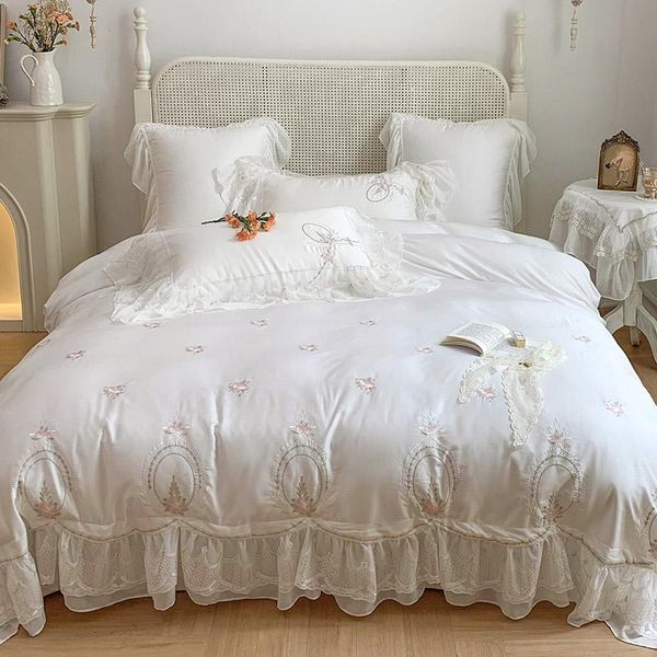 

bedding sets luxury french princess wedding egyptian cotton set floral embroidery chiffon ruffle duvet cover bed linen pillowcases