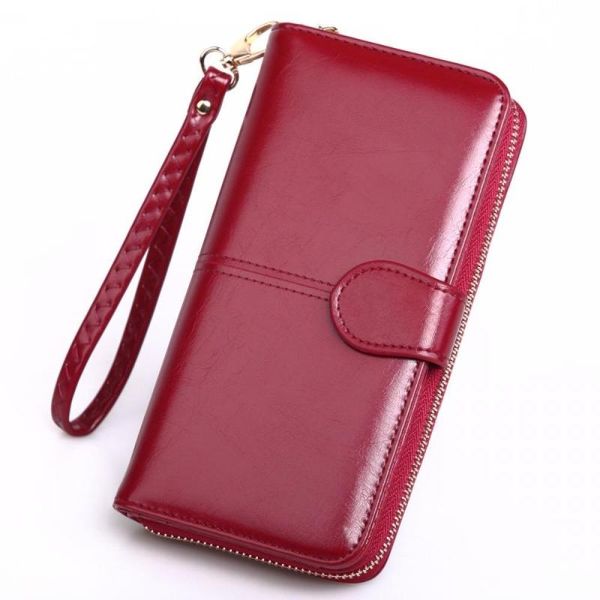 

wallets ladies oil wax leather wallet long zip phone bag fashionable lady large card holder, Red;black