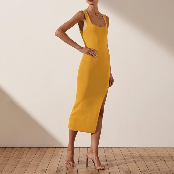 

casual dresses moarcho sleeveless backless high split long party dress sheath slim square collar nightclub festival summer 2021, Black;gray