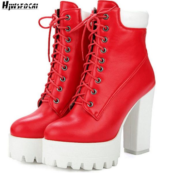

boots hjwsfdcai british wind retro personality women ankle lace-up chunky heel ladies short platform outdoor buty damskie, Black