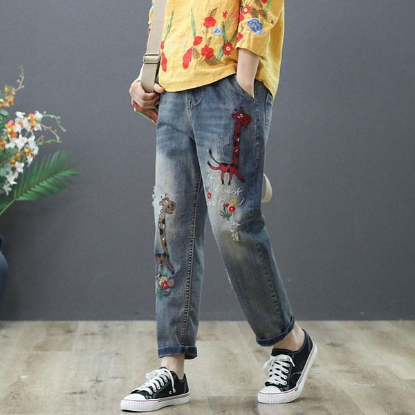 

women's jeans fairynatural retro woman embroidery elastic waist casual streetwear cotton ladies plus size denim pants 2021 spring autum, Blue
