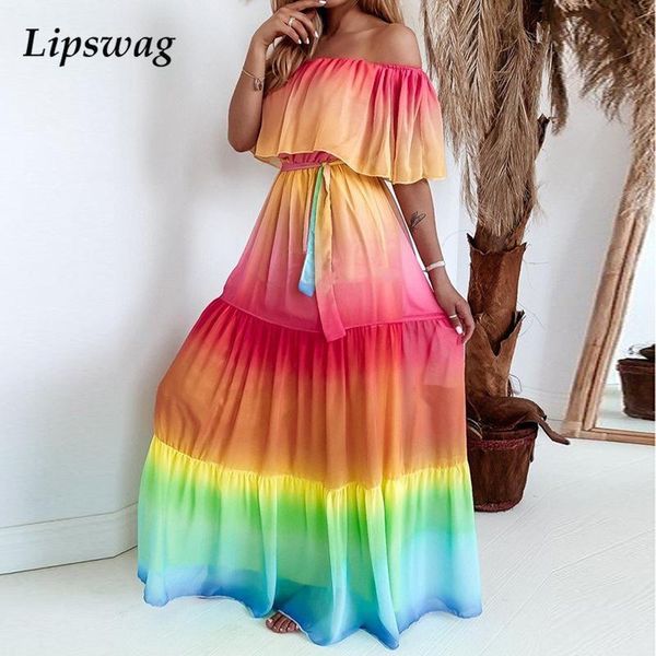 

summer off shoulder beach dress autumn lace-up belted strapless lady party dress women elegant colorful gradient long dresshigh quality, Black;gray