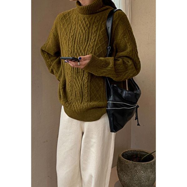 

daihe] new style in autumn and winter 2021 korean versatile loose twist high neck pullover long sleeve knitted sweater for, White;black