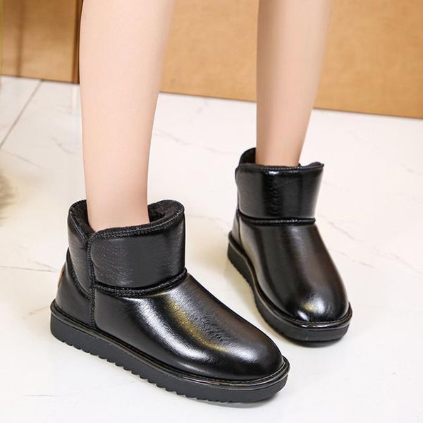 

boots woman drop waterproof pu leather women warm thick plush classic snow comfortable cotton shoes women's winter, Black