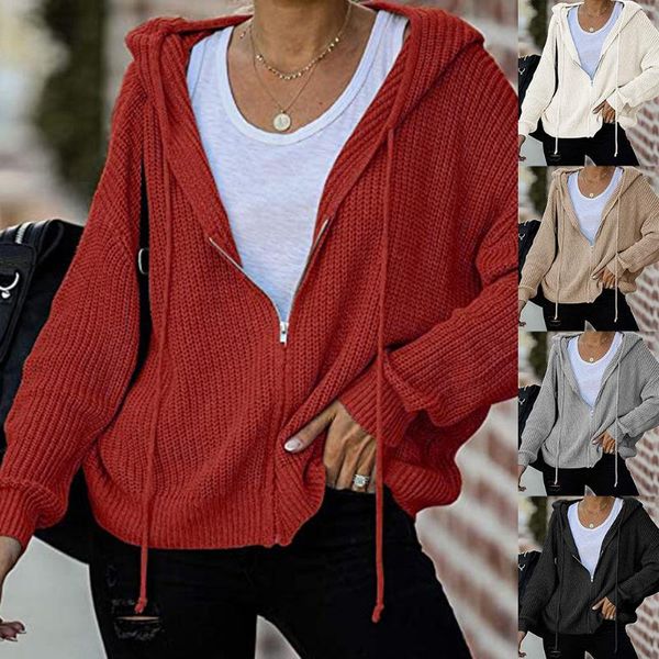 

women hooded zipper cardigan thick knit sweater jacket big coat winter clothes women winter clothes mujer chaqueta #2r5, Black;brown