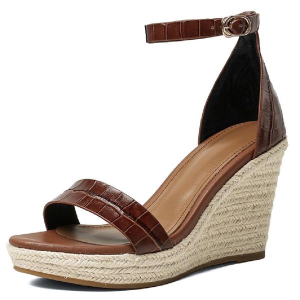 

sandals women's genuine leather wedge platform high heel ankle strap narrow band open toe summer comfortable pumps shoes women, Black