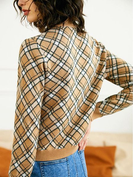 

women's knits & tees runway designer wool blend brown cardigan 2021 spring women vintage argyle plaid cropped short knitted sweater out, White