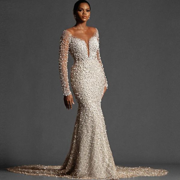 

party dresses luxury pearls long mermaid evening v-neck backless beads prom gowns dubai women elegant plus size, White;black