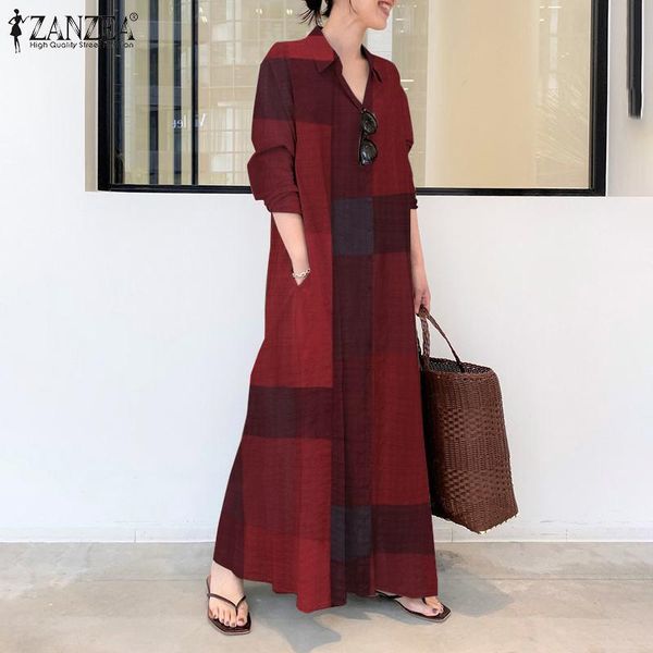 

plus size women's check sundress zanzea 2021 kaftan spring shirt dress button maxi vestidos female lapel casual robe femme, Black;gray