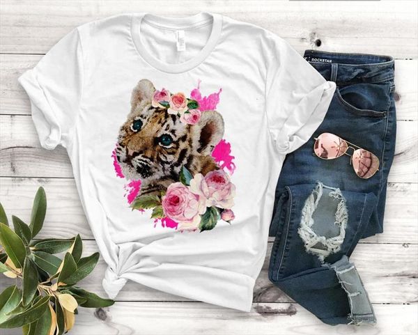 

baby tiger flower print and mens t shirt women cotton casual funny lady yong girl tee pm 93, White;black