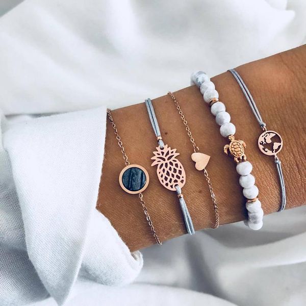 

charm bracelets zhen tomomi bohemian pineapple heart beadeds bracelet set for women 2021 map tortoise adjustable bangle 5pcs /set, Golden;silver