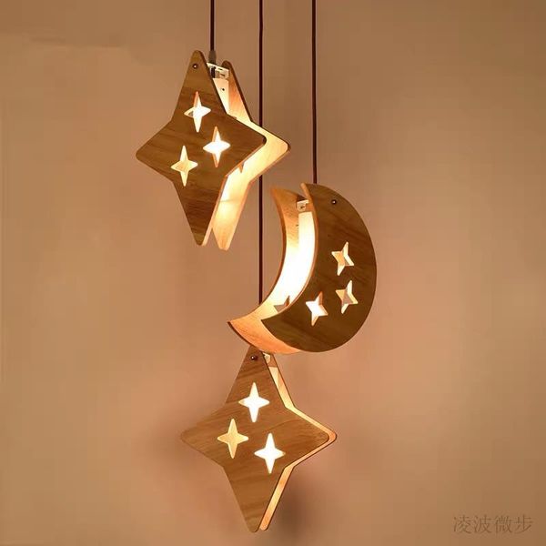 

pendant lamps nordic solid wood star moon chandelier restaurant log bar creative personality warm children's room lamp