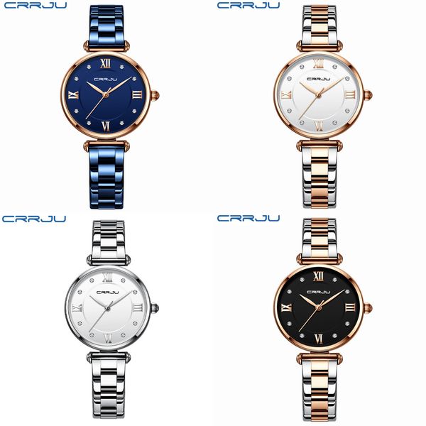 

women's watch clock crrju fashion luxury blue for women casual waterproof quartz ladies rustless steel relogio feminino 0902, Slivery;golden