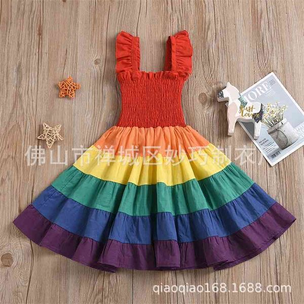 

2020 summer new rainbow dress princess skirt female pure cotton princess, Red;yellow