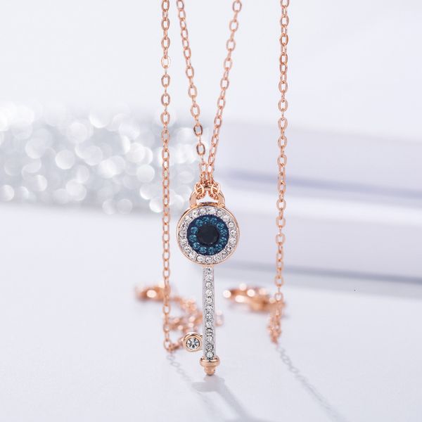 

shi jia s925 sterling key necklace female rose gold devil's eye clavicle chain diamond sier pendant, Silver
